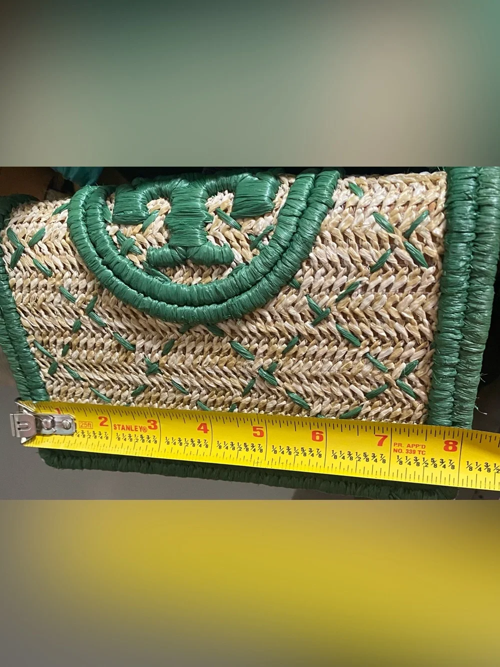 Tory Burch Straw Crossbody Bag with Green Trim and Gold Chain